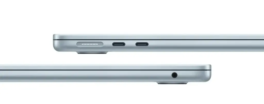 展示 MacBook Air M4 机型的接口和连接器布局，包括 USB-C、耳机接口等硬件端口的示意图。