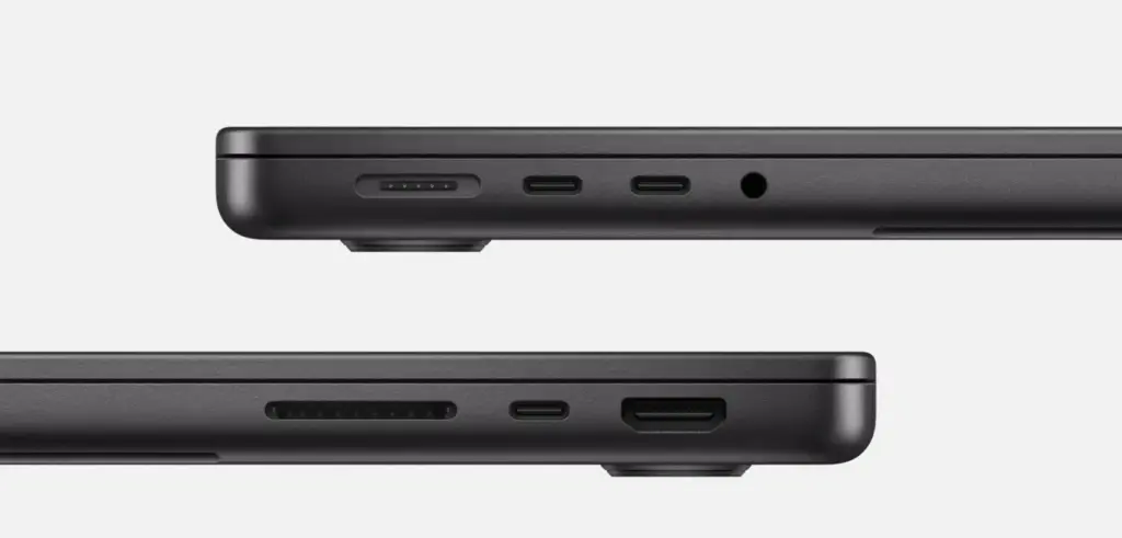 展示 MacBook Pro M4 机型的接口与连接器布局示意图，包括 Thunderbolt 接口、HDMI、耳机孔等硬件端口。